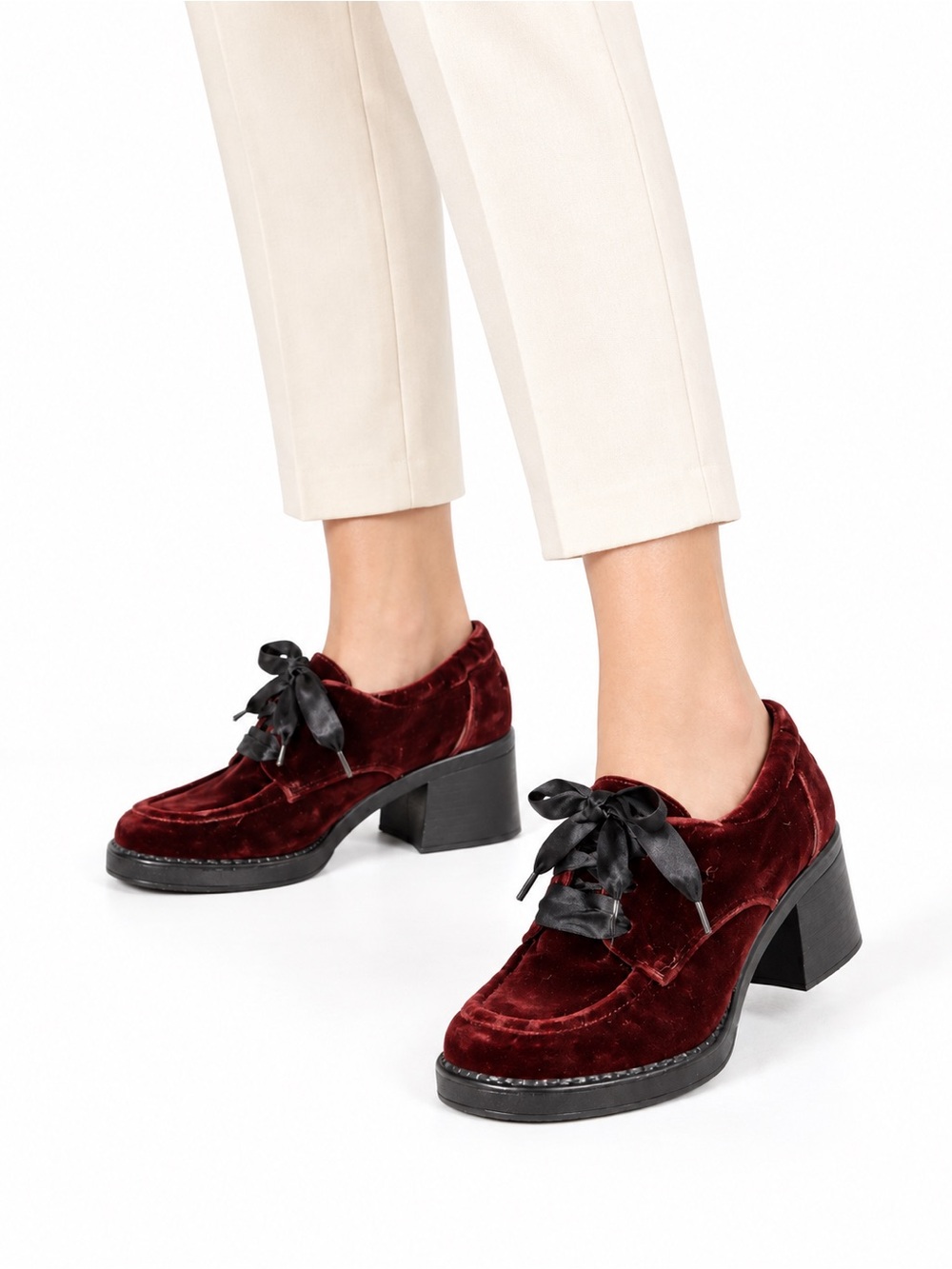 ellemenno Velvet Block Heel Lace-Up Shoes - Burgundy